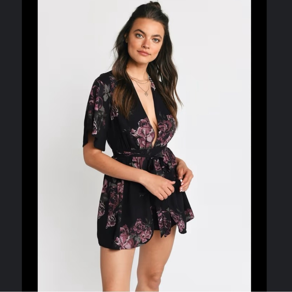 Lovely Roses Open Back Romper - Black and pink floral